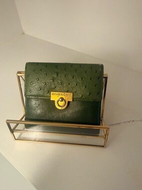 Givenchy Authentic Vintage Olive Green ostrich and smooth Leather Wallet